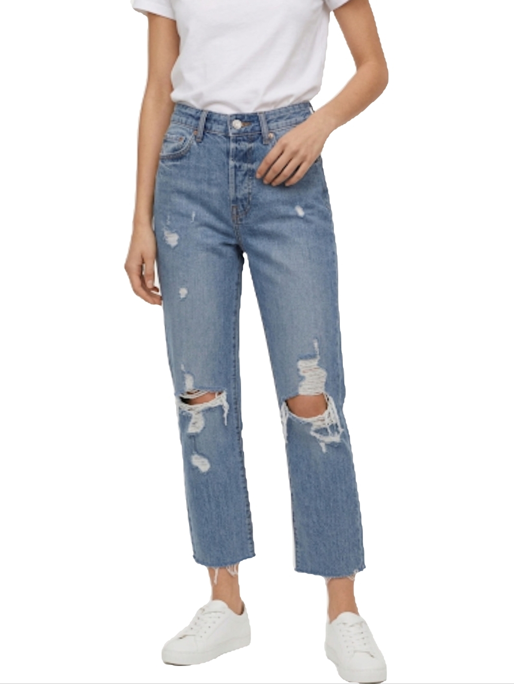 H&M High Rise Distressed Vintage Straight Leg Blue Jeans Ankle Length Size 24